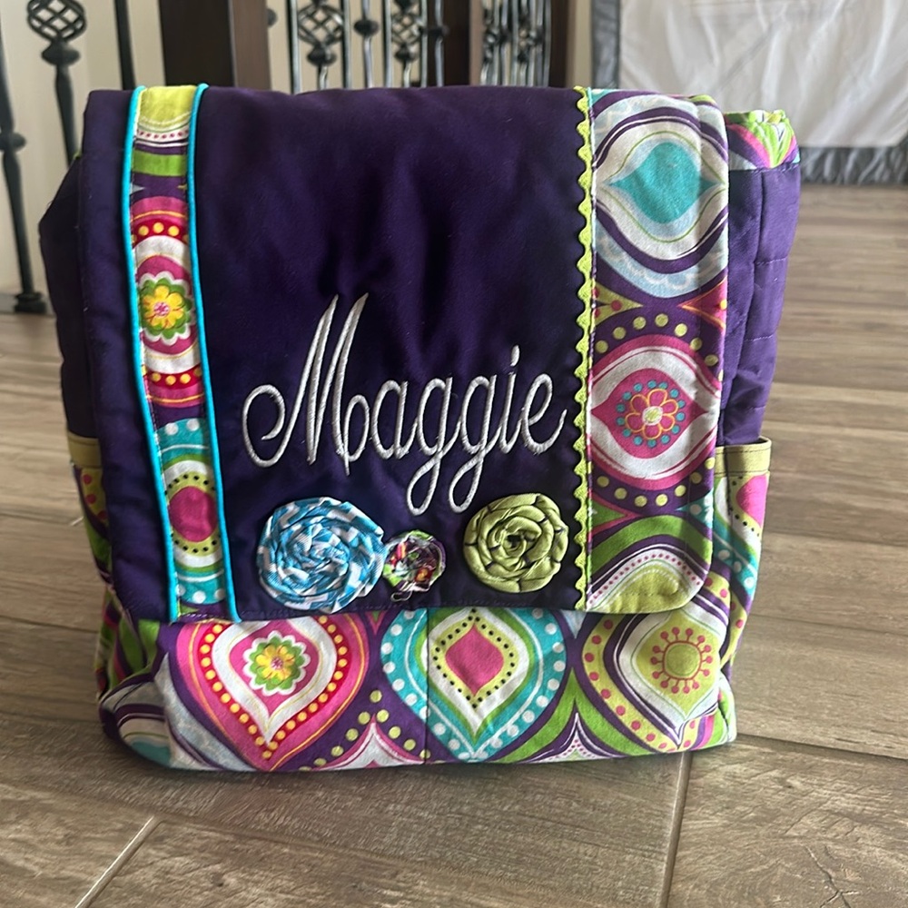 Custom sewn and monogrammed Maggie diaper bag backpack